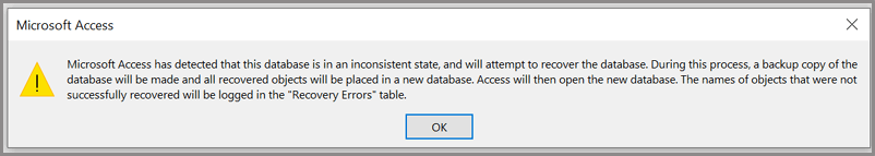 Access ha rilevato che questo database si trova in uno stato incoerente