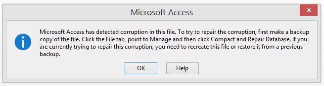 Microsoft Access ha rilevato un danneggiamento in questo file